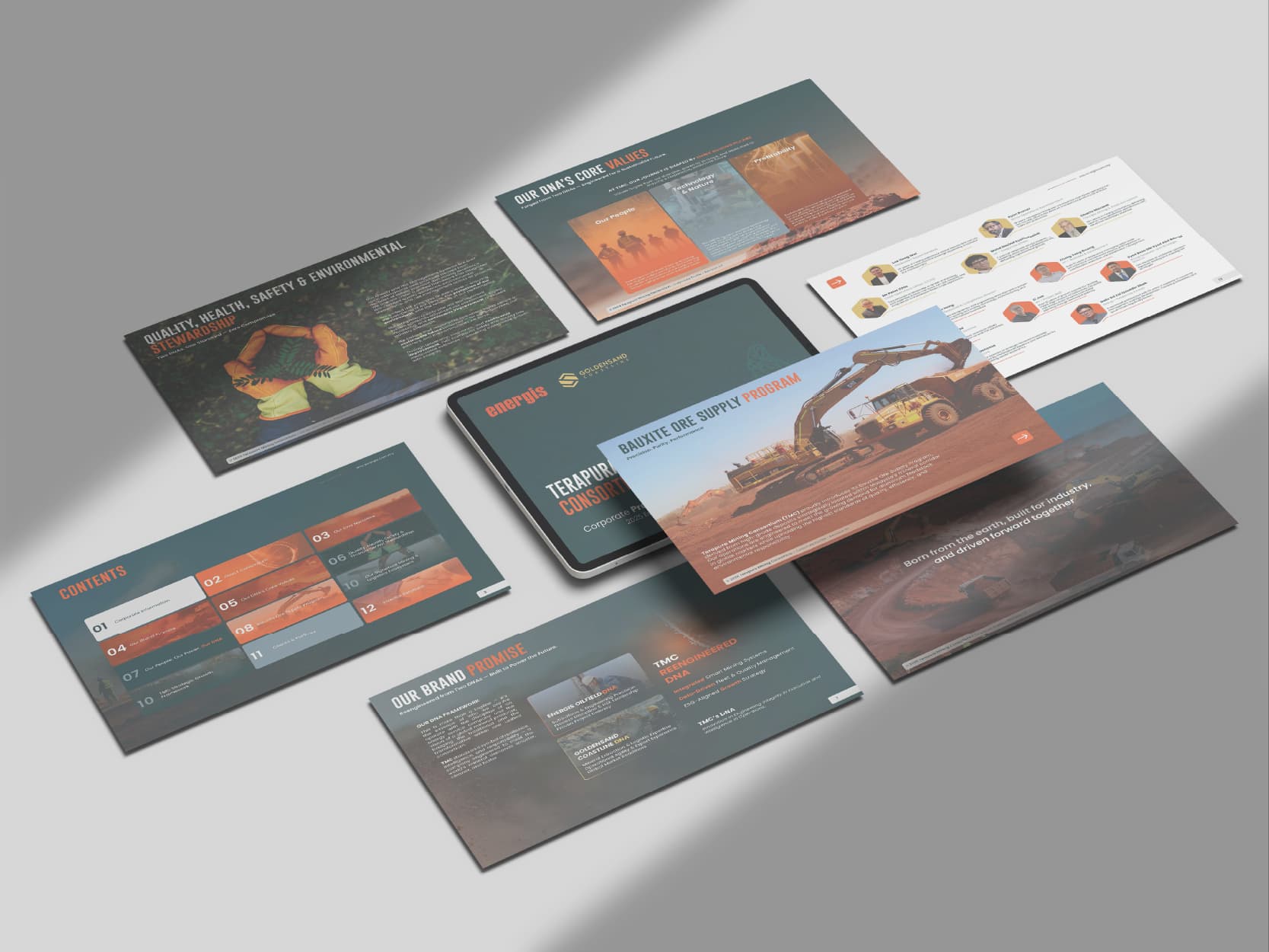 Energist Oilfield presentation slides laid out around a tablet
