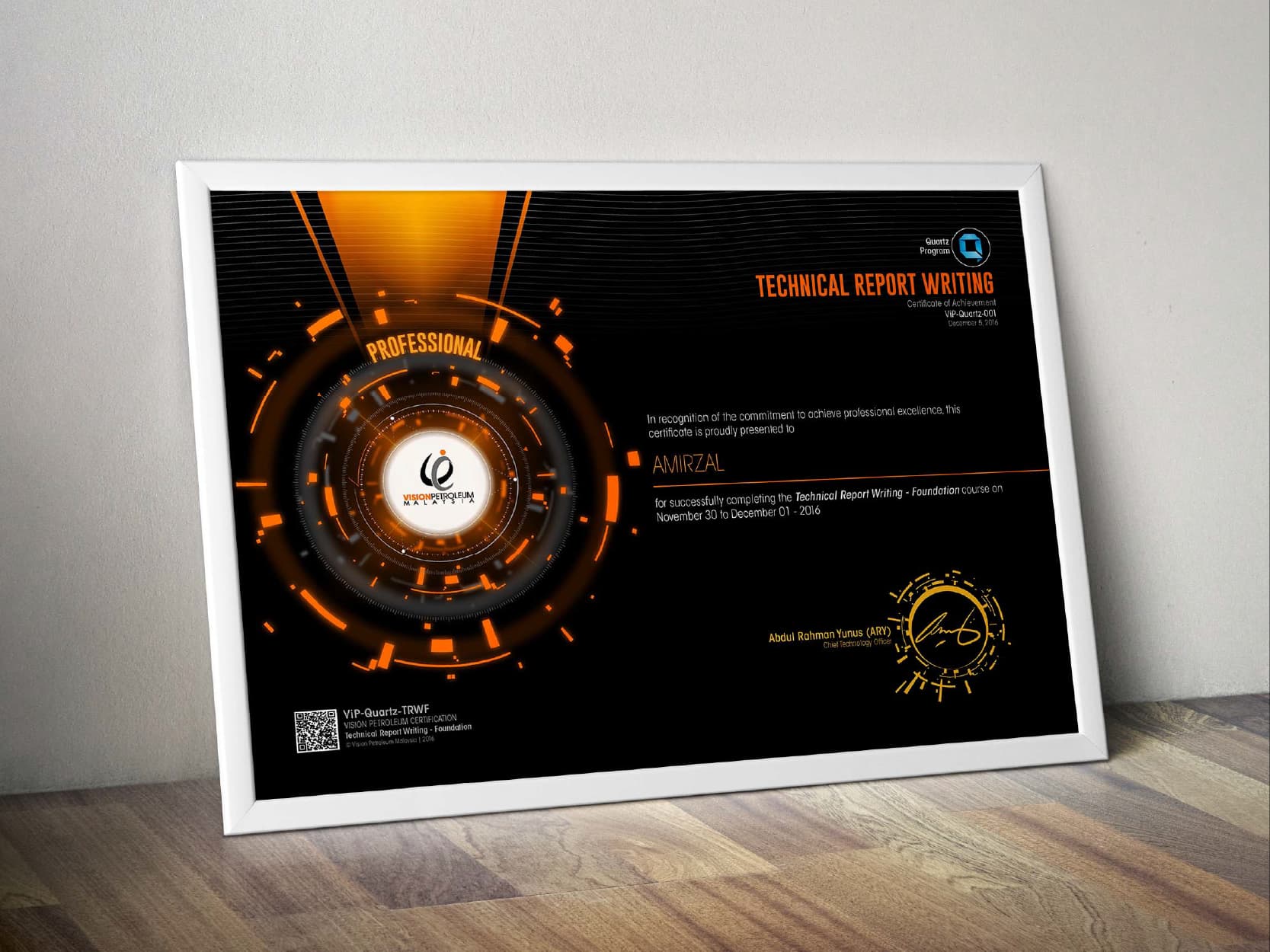 Technical report — certificate poster, framed